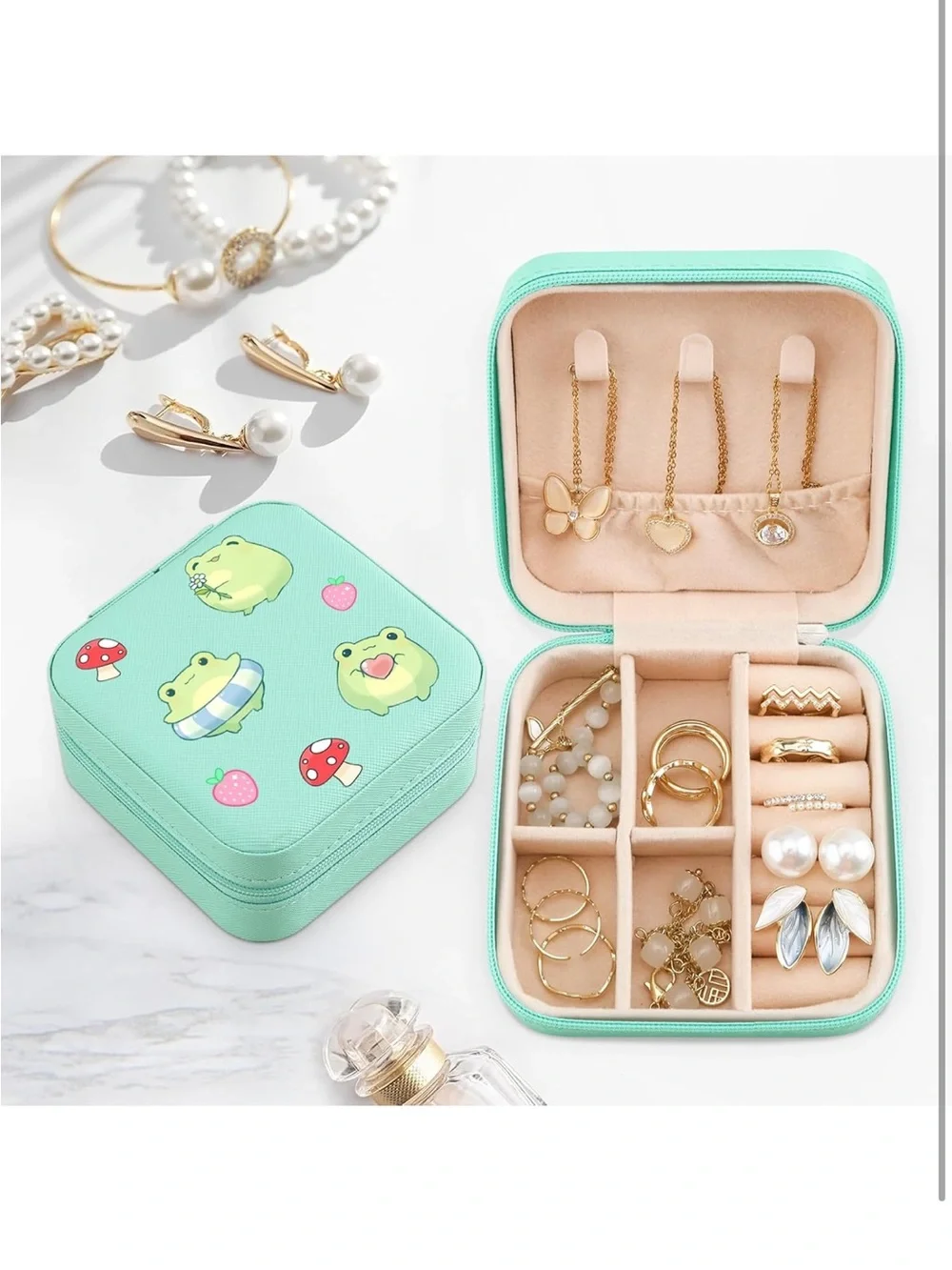 Mint Green Cartoon Frog Jewelry or Accessory Travel Case
